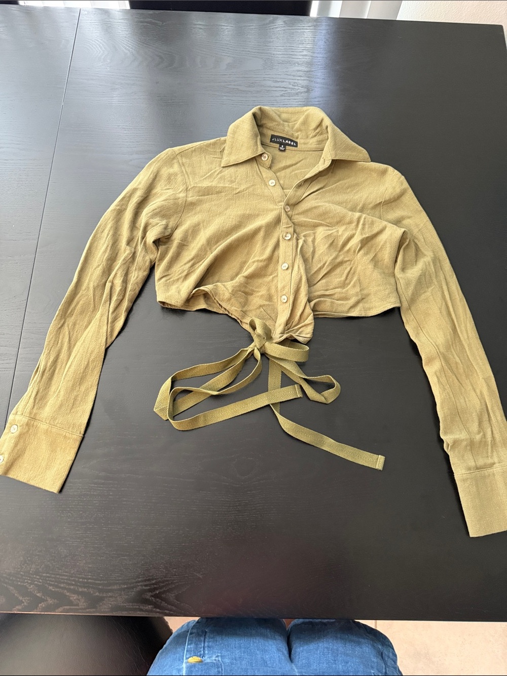 JLUX Label - Olive Tie-Front Cropped Button Shirt - Picture 2 of 4